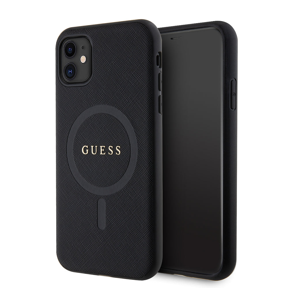 iPhone 11 Kılıf Guess Orijinal Lisanslı M-safe Şarj Özellikli Yazı Logolu Saffiano Classic Kılıf