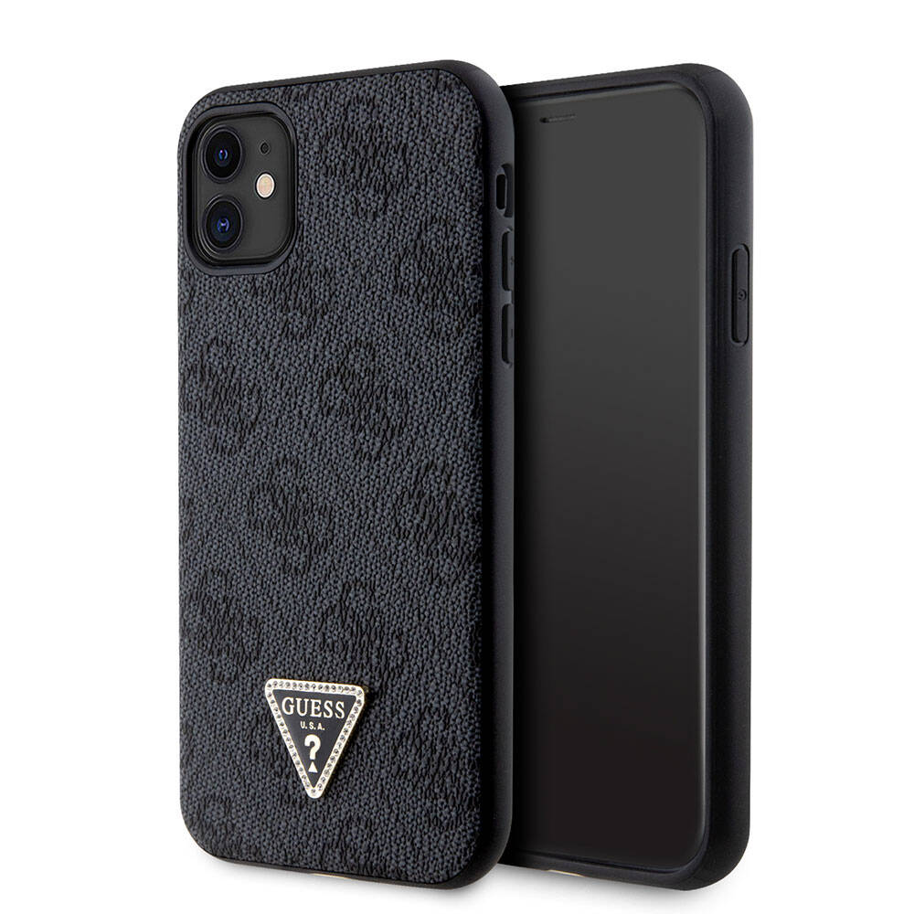 iPhone 11 Kılıf Guess Orijinal Lisanslı PU Deri Taşlı Üçgen Logo 4G Desenli Kılıf