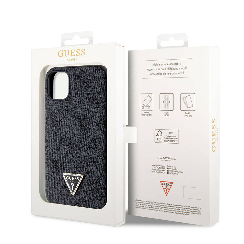 iPhone 11 Kılıf Guess Orijinal Lisanslı PU Deri Taşlı Üçgen Logo 4G Desenli Kılıf