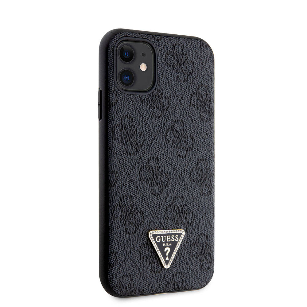 iPhone 11 Kılıf Guess Orijinal Lisanslı PU Deri Taşlı Üçgen Logo 4G Desenli Kılıf