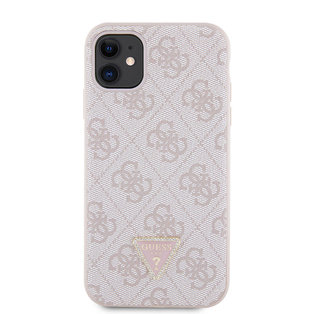 iPhone 11 Kılıf Guess Orijinal Lisanslı PU Deri Taşlı Üçgen Logo 4G Desenli Kılıf