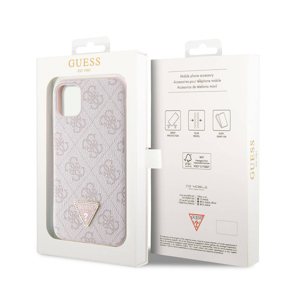 iPhone 11 Kılıf Guess Orijinal Lisanslı PU Deri Taşlı Üçgen Logo 4G Desenli Kılıf