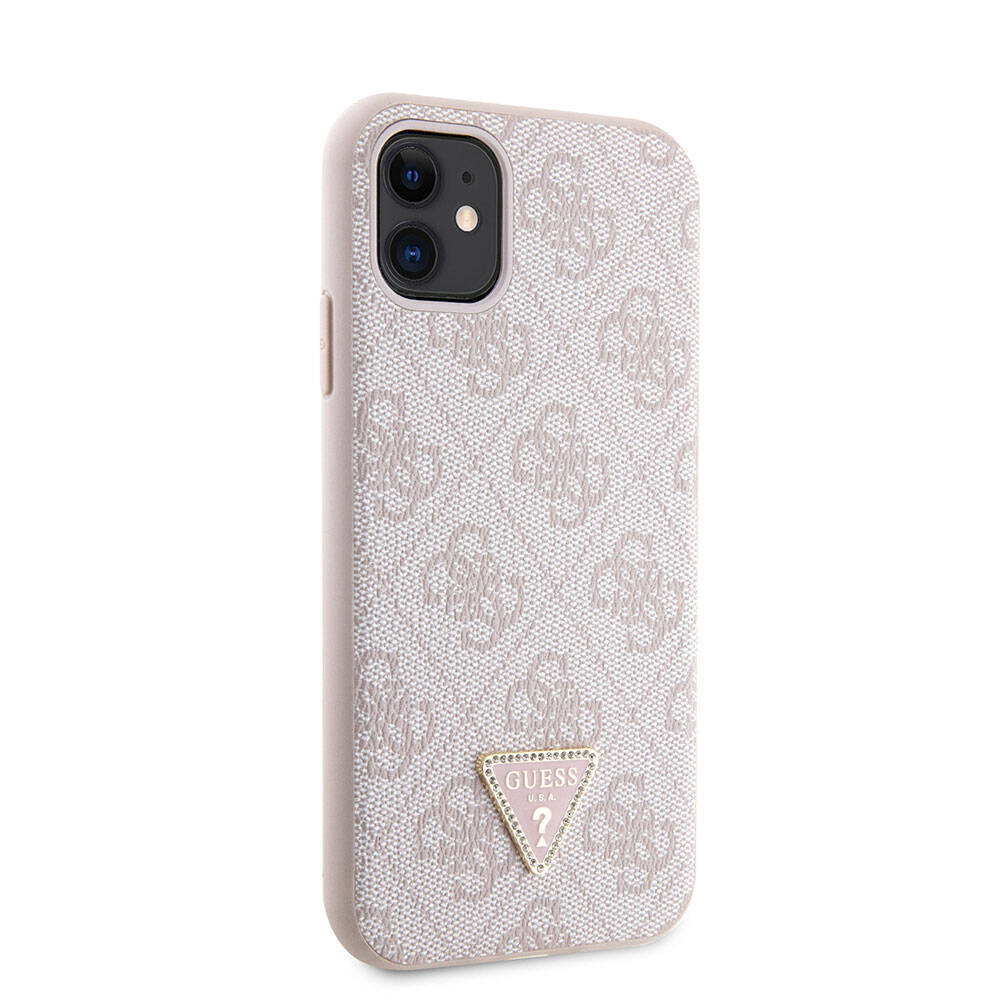 iPhone 11 Kılıf Guess Orijinal Lisanslı PU Deri Taşlı Üçgen Logo 4G Desenli Kılıf