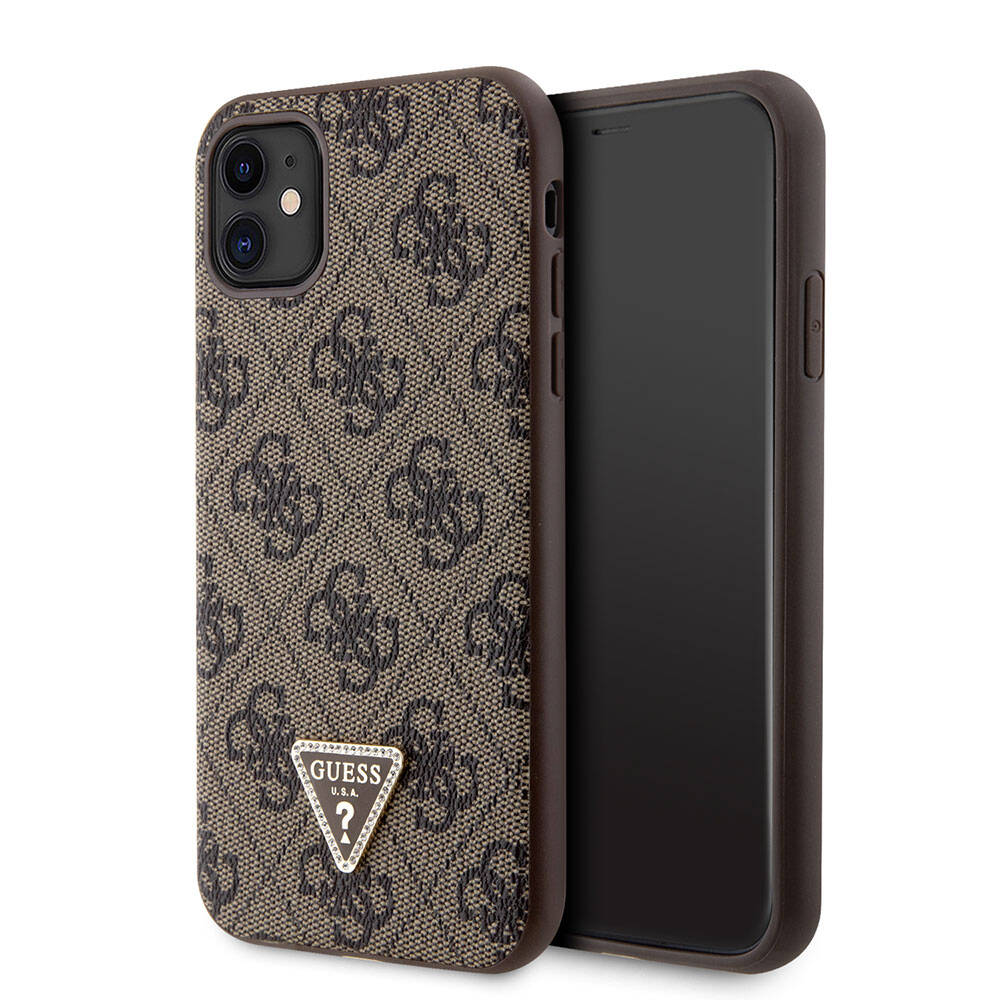iPhone 11 Kılıf Guess Orijinal Lisanslı PU Deri Taşlı Üçgen Logo 4G Desenli Kılıf