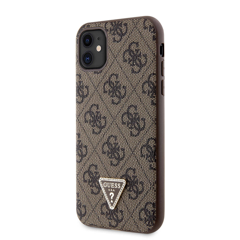 iPhone 11 Kılıf Guess Orijinal Lisanslı PU Deri Taşlı Üçgen Logo 4G Desenli Kılıf