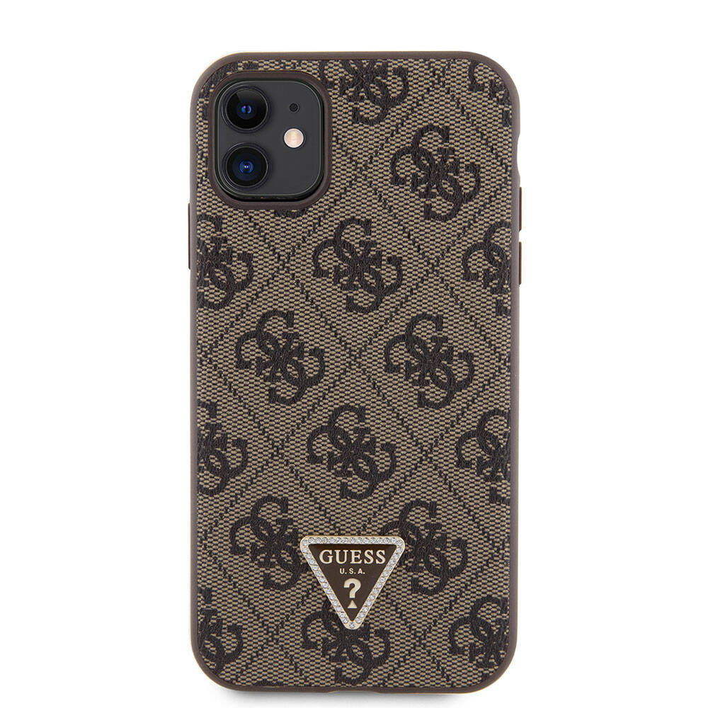 iPhone 11 Kılıf Guess Orijinal Lisanslı PU Deri Taşlı Üçgen Logo 4G Desenli Kılıf