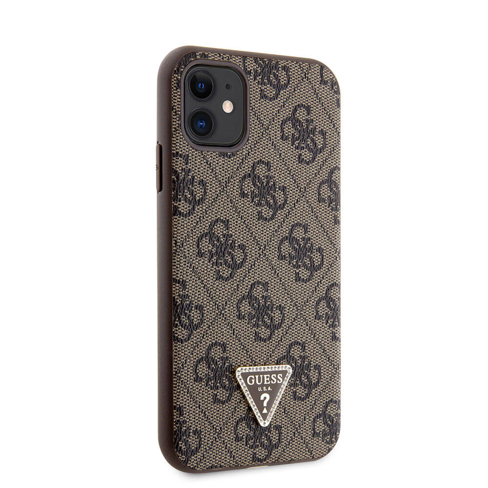 iPhone 11 Kılıf Guess Orijinal Lisanslı PU Deri Taşlı Üçgen Logo 4G Desenli Kılıf