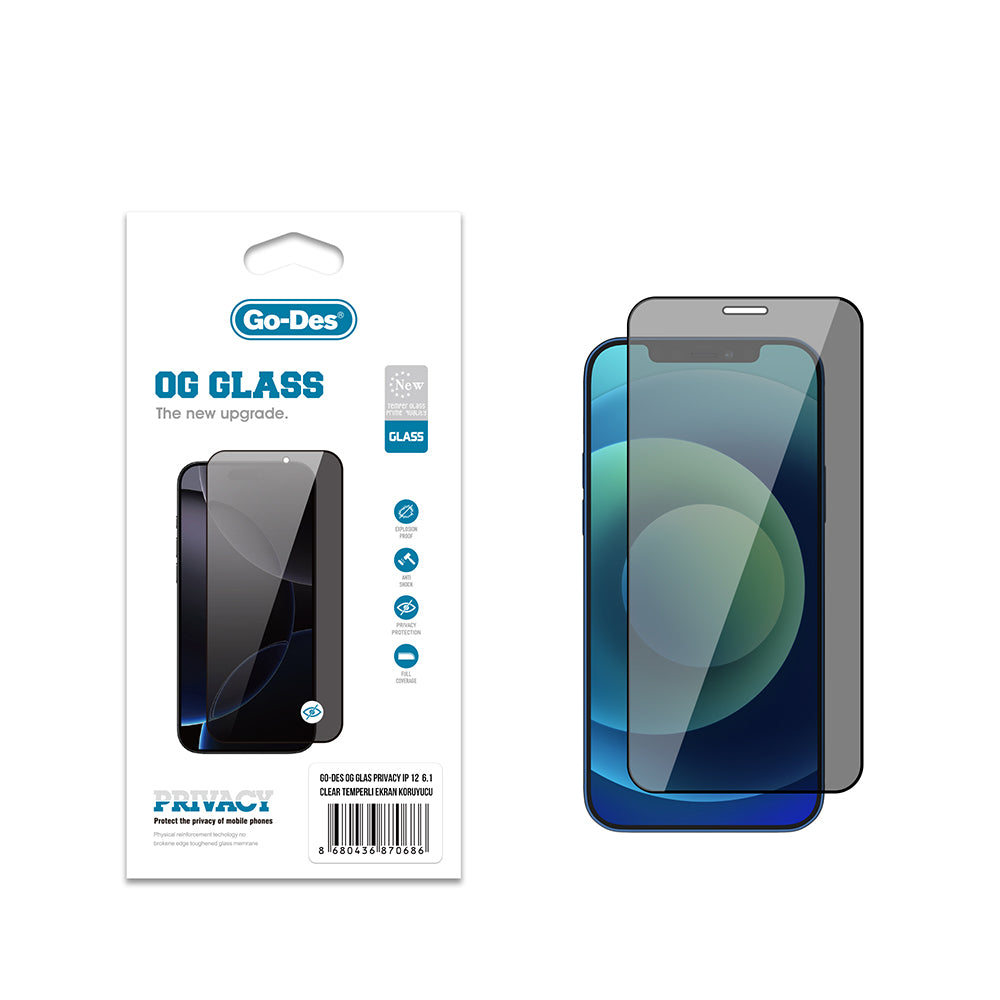 iPhone 12 Go Des OG Glass Privacy Antistatik Temperli Cam Ekran Koruyucu