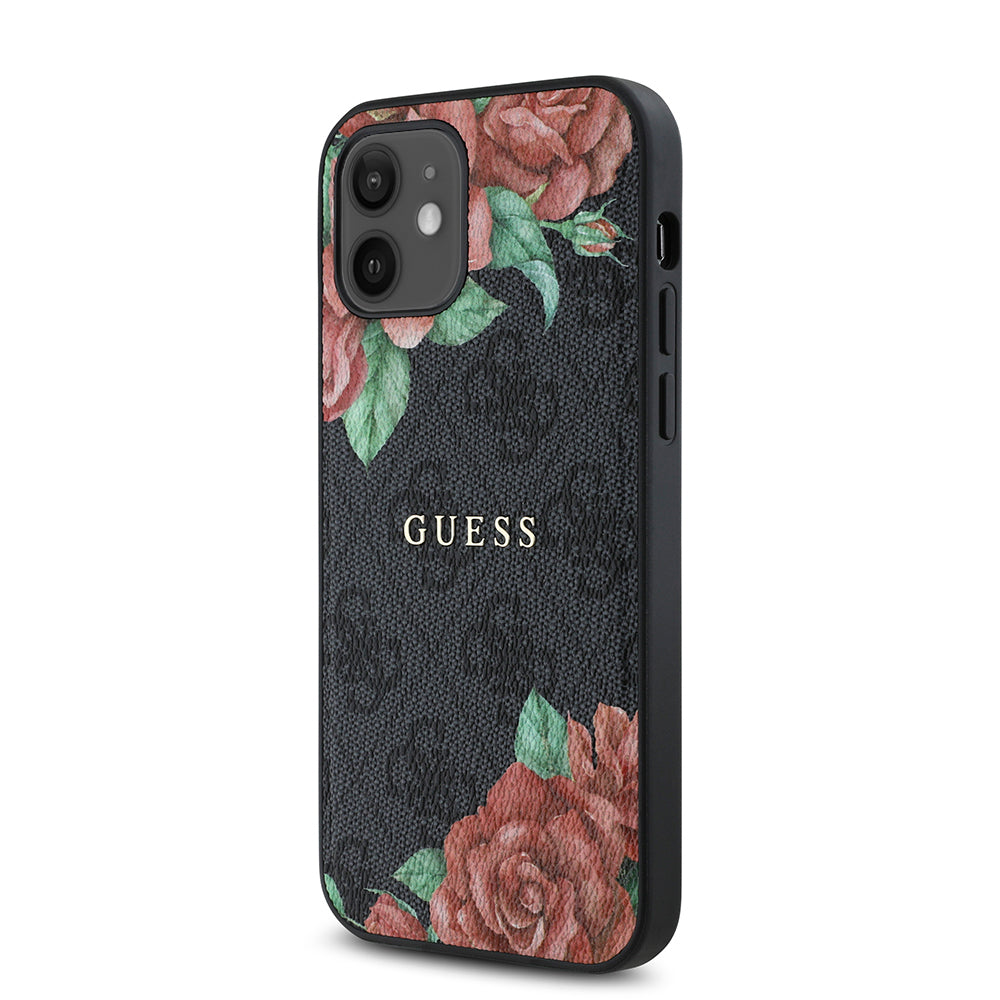 iPhone 12 Kılıf Guess Orijinal Lisanslı M-safe Şarj Özellikli Gül Baskılı 4G Desenli Yazı Logolu Kılıf