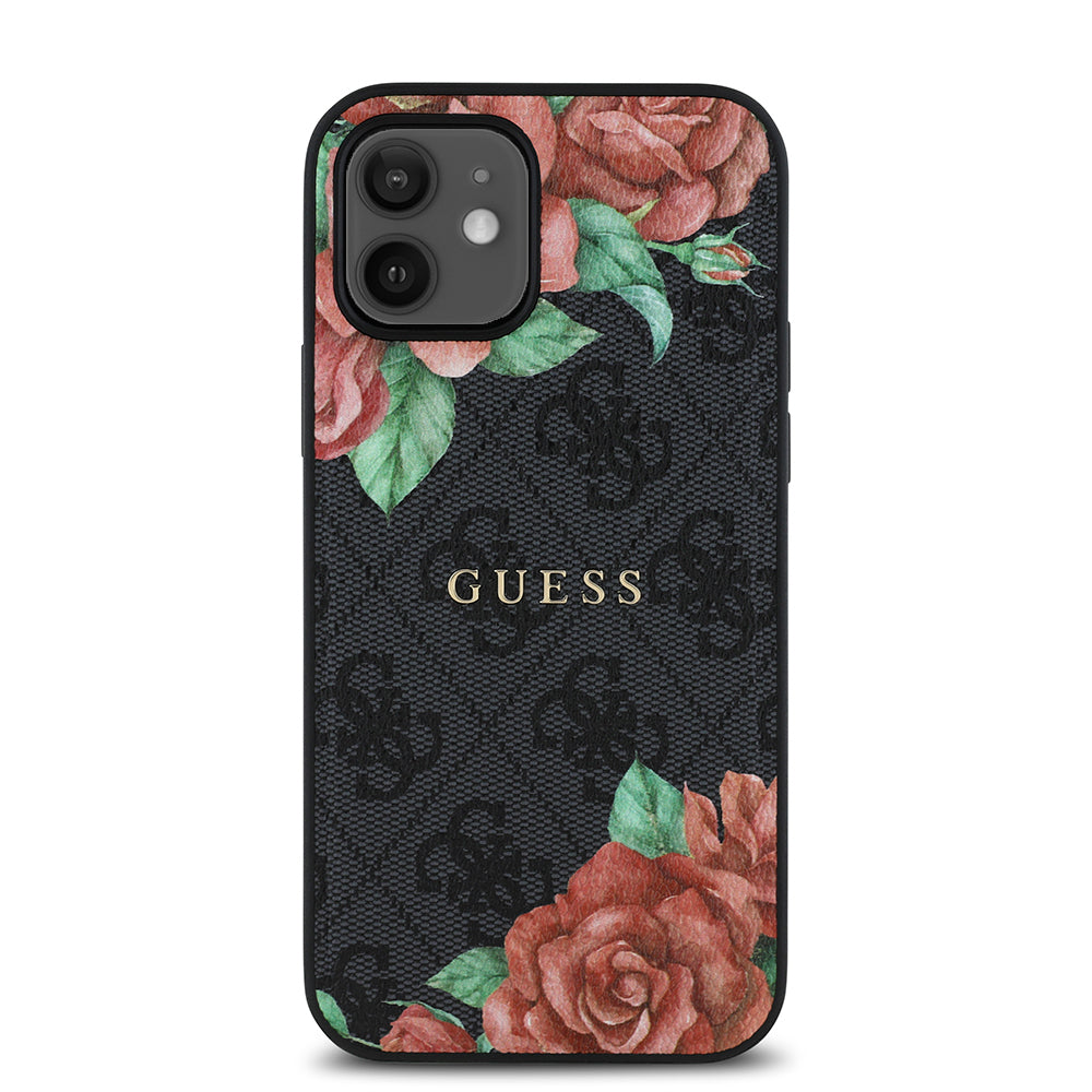 iPhone 12 Kılıf Guess Orijinal Lisanslı M-safe Şarj Özellikli Gül Baskılı 4G Desenli Yazı Logolu Kılıf