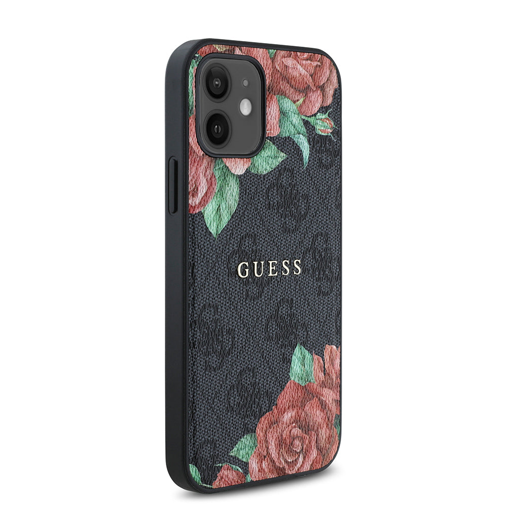 iPhone 12 Kılıf Guess Orijinal Lisanslı M-safe Şarj Özellikli Gül Baskılı 4G Desenli Yazı Logolu Kılıf
