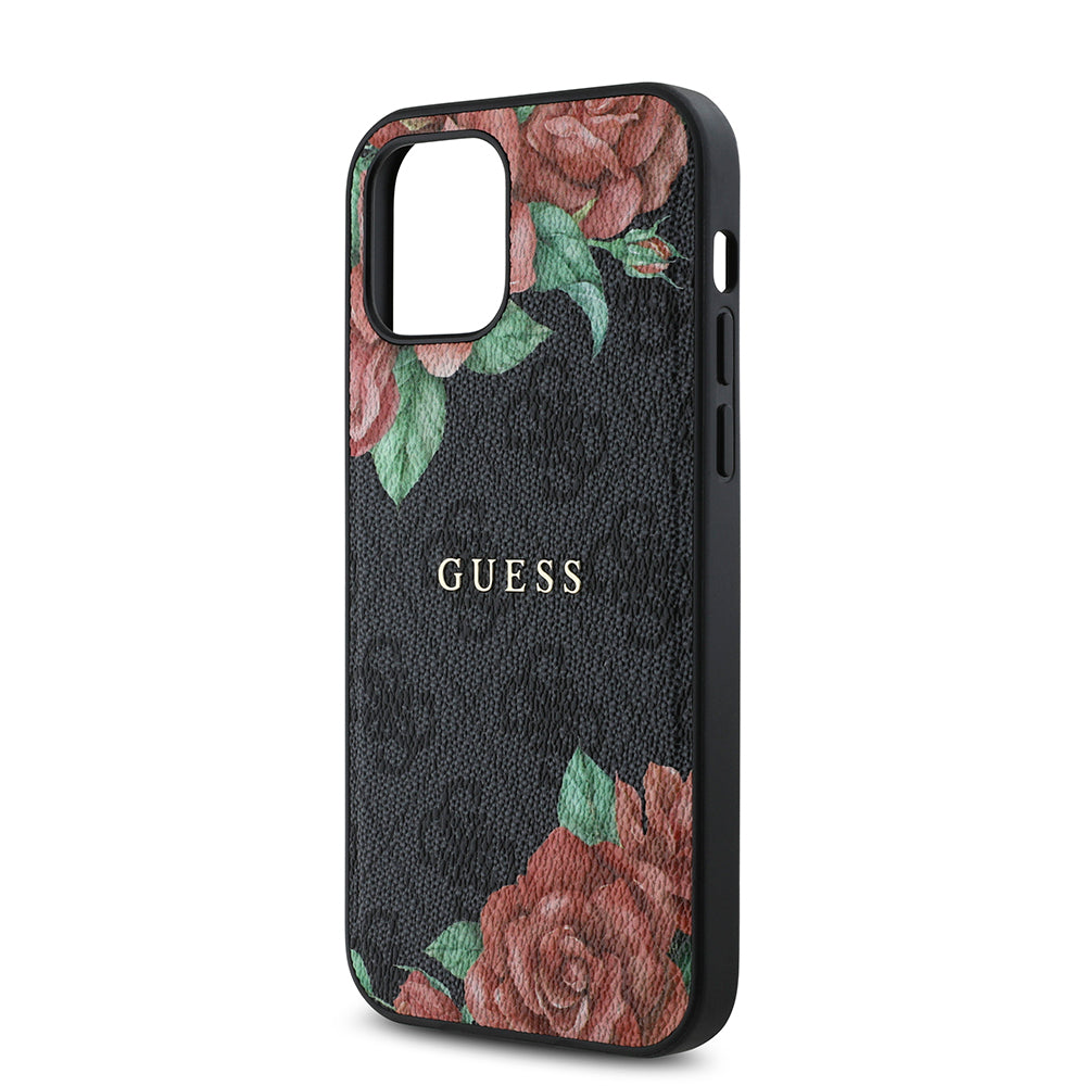 iPhone 12 Kılıf Guess Orijinal Lisanslı M-safe Şarj Özellikli Gül Baskılı 4G Desenli Yazı Logolu Kılıf