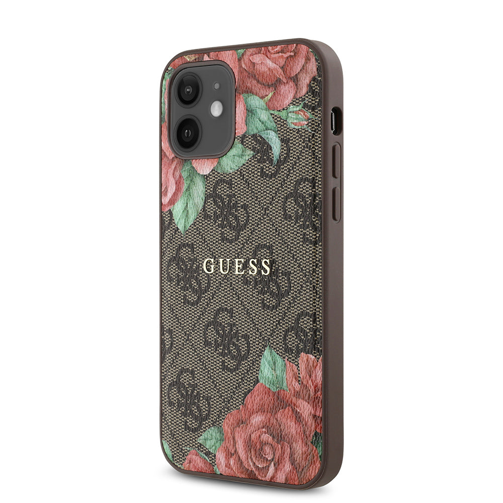 iPhone 12 Kılıf Guess Orijinal Lisanslı M-safe Şarj Özellikli Gül Baskılı 4G Desenli Yazı Logolu Kılıf