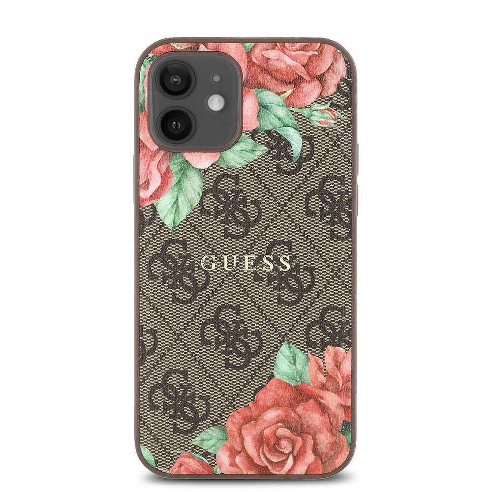 iPhone 12 Kılıf Guess Orijinal Lisanslı M-safe Şarj Özellikli Gül Baskılı 4G Desenli Yazı Logolu Kılıf