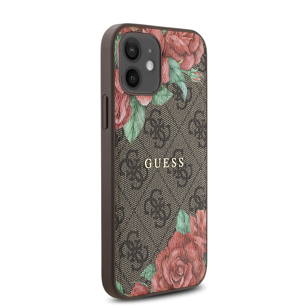 iPhone 12 Kılıf Guess Orijinal Lisanslı M-safe Şarj Özellikli Gül Baskılı 4G Desenli Yazı Logolu Kılıf