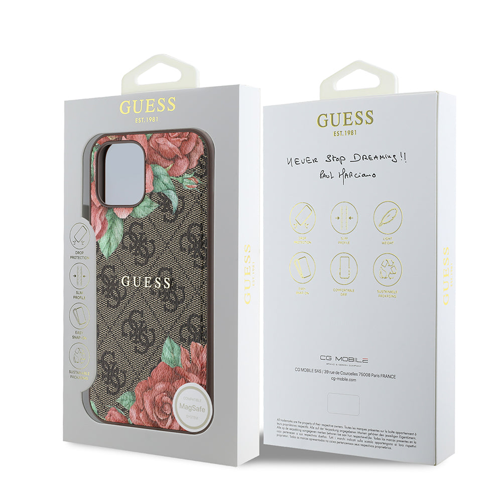 iPhone 12 Kılıf Guess Orijinal Lisanslı M-safe Şarj Özellikli Gül Baskılı 4G Desenli Yazı Logolu Kılıf