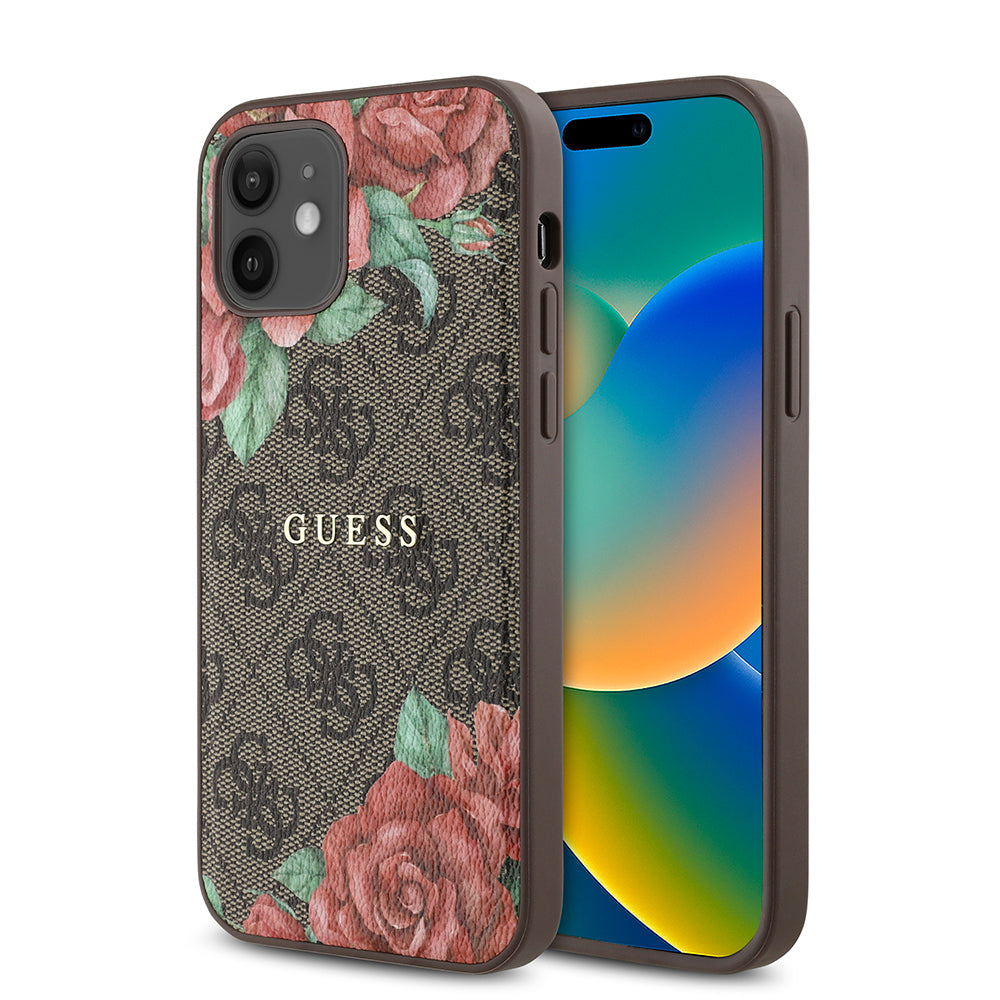 iPhone 12 Kılıf Guess Orijinal Lisanslı M-safe Şarj Özellikli Gül Baskılı 4G Desenli Yazı Logolu Kılıf