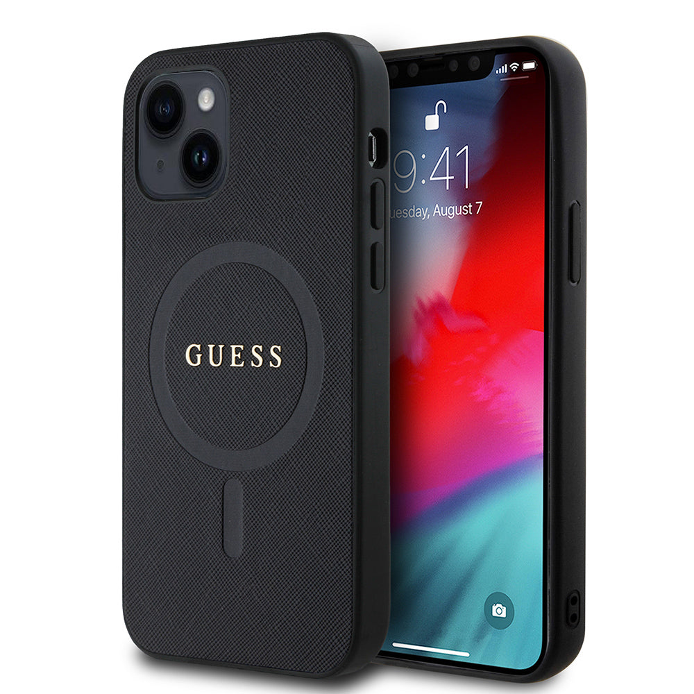 iPhone 12 Kılıf Guess Orijinal Lisanslı M-safe Şarj Özellikli Yazı Logolu Saffiano Classic Kılıf