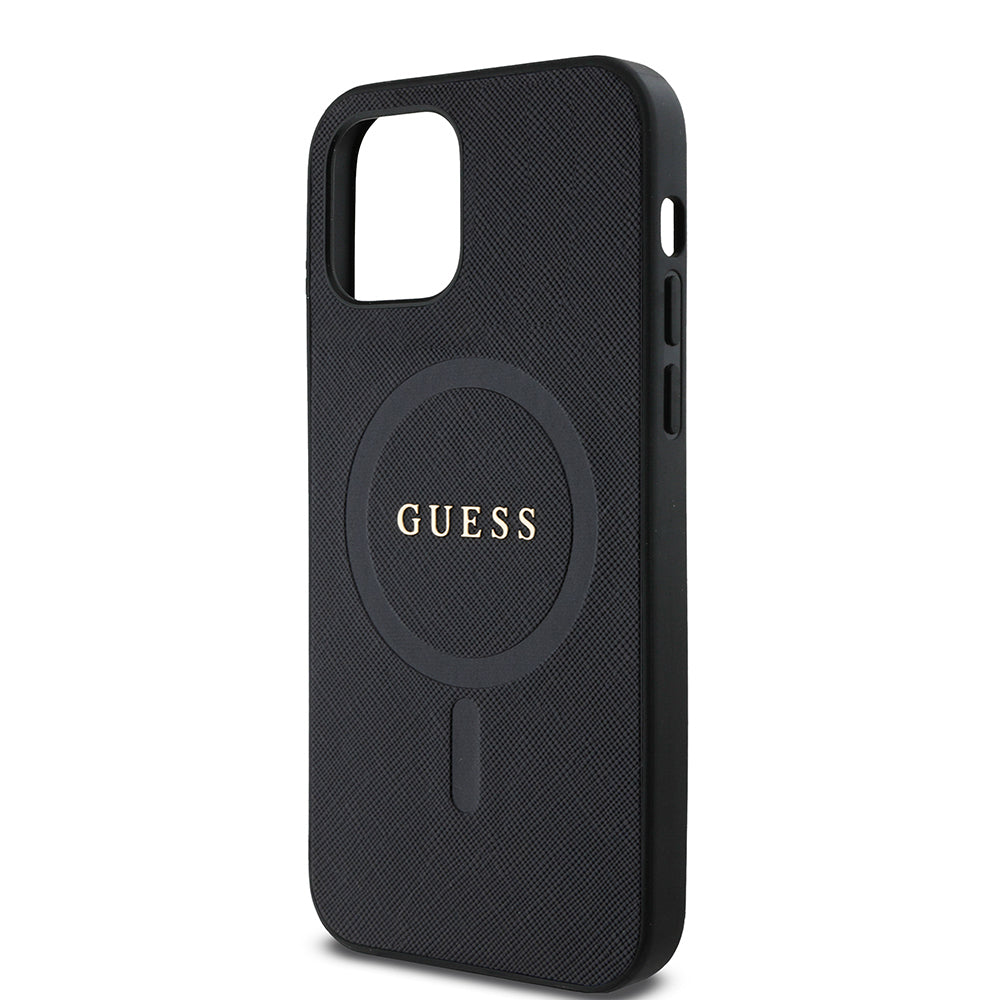 iPhone 12 Kılıf Guess Orijinal Lisanslı M-safe Şarj Özellikli Yazı Logolu Saffiano Classic Kılıf