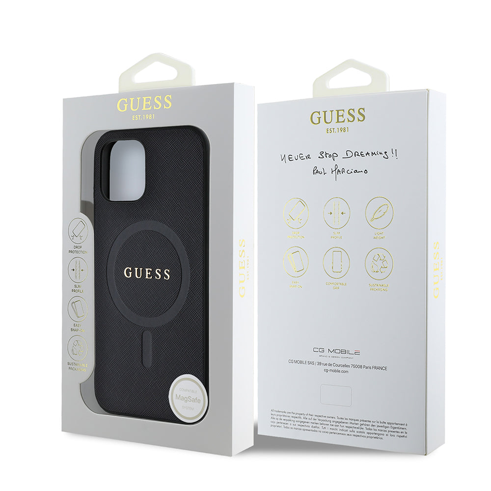 iPhone 12 Kılıf Guess Orijinal Lisanslı M-safe Şarj Özellikli Yazı Logolu Saffiano Classic Kılıf