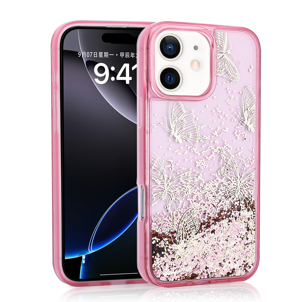 iPhone 12 Kılıf Sıvılı Simli Kelebek Baskılı Şeffaf Arka Yüzey Zore Glis Silikon Kılıf