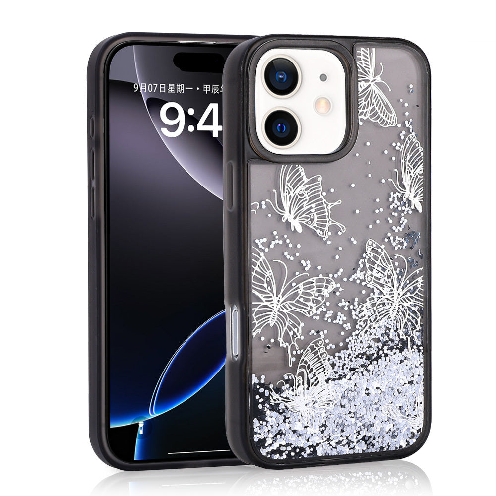 iPhone 12 Kılıf Sıvılı Simli Kelebek Baskılı Şeffaf Arka Yüzey Zore Glis Silikon Kılıf