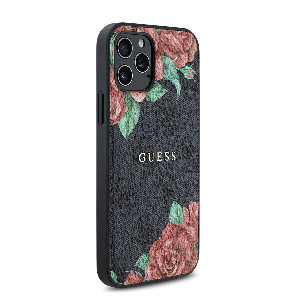 iPhone 12 Pro Kılıf Guess Orijinal Lisanslı M-safe Şarj Özellikli Gül Baskılı 4G Desenli Yazı Logolu Kılıf