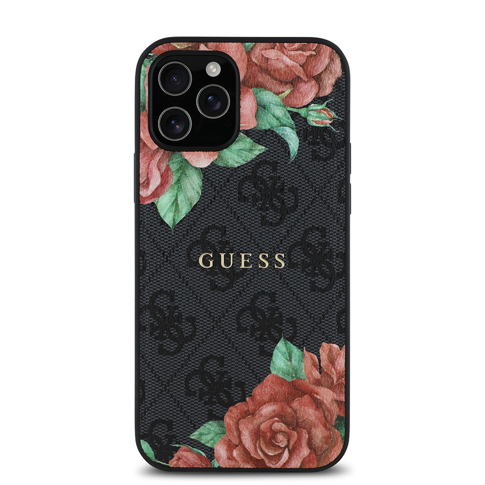 iPhone 12 Pro Kılıf Guess Orijinal Lisanslı M-safe Şarj Özellikli Gül Baskılı 4G Desenli Yazı Logolu Kılıf