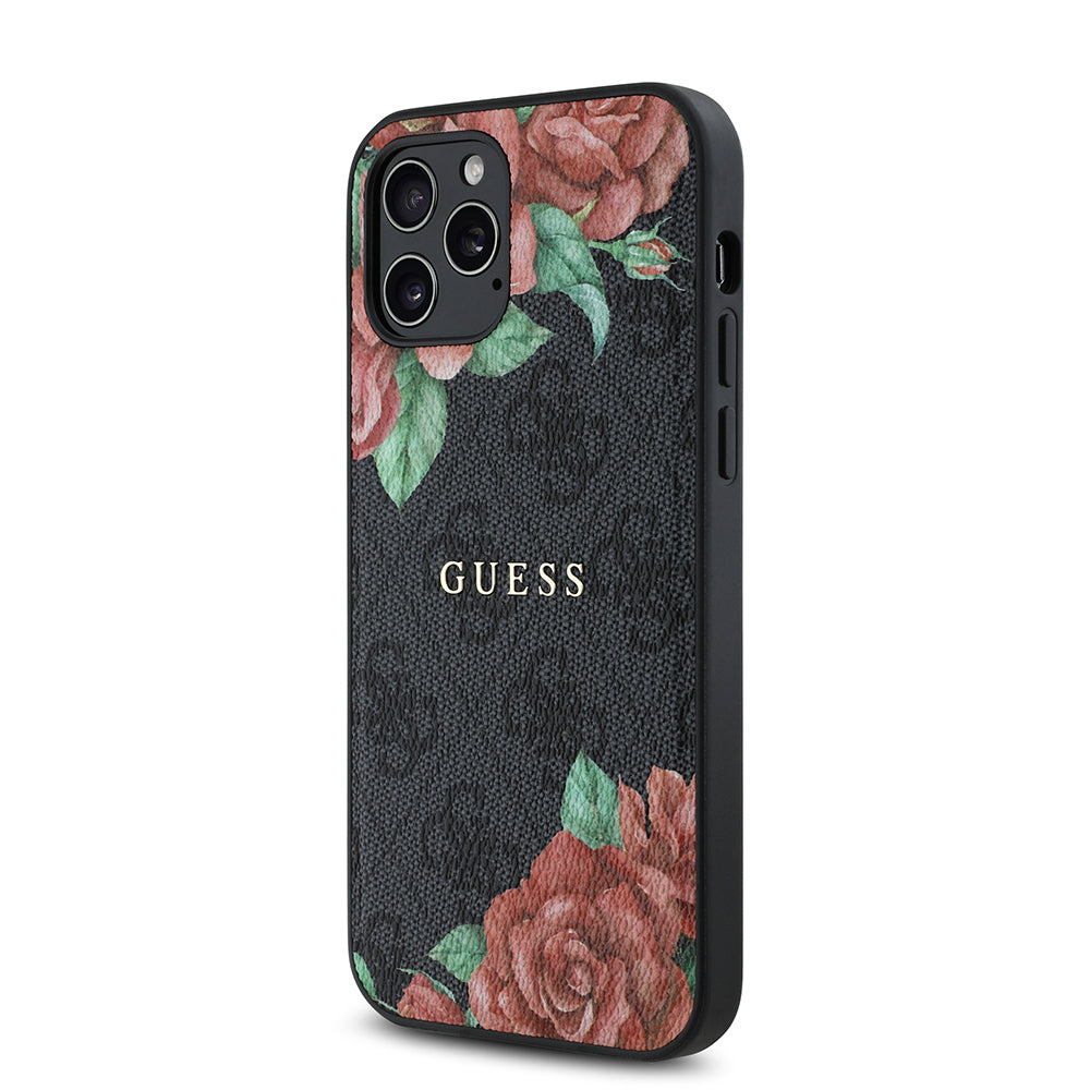 iPhone 12 Pro Kılıf Guess Orijinal Lisanslı M-safe Şarj Özellikli Gül Baskılı 4G Desenli Yazı Logolu Kılıf