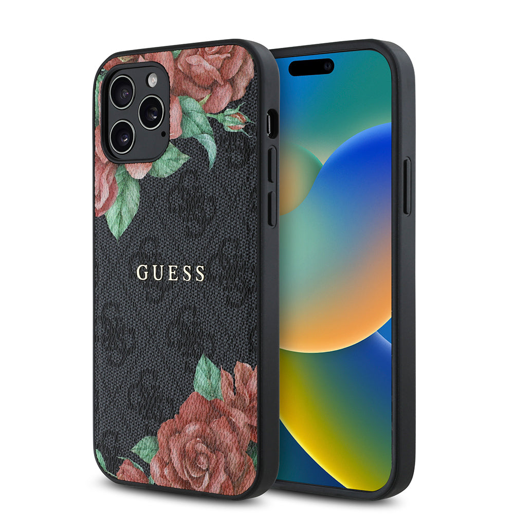 iPhone 12 Pro Kılıf Guess Orijinal Lisanslı M-safe Şarj Özellikli Gül Baskılı 4G Desenli Yazı Logolu Kılıf