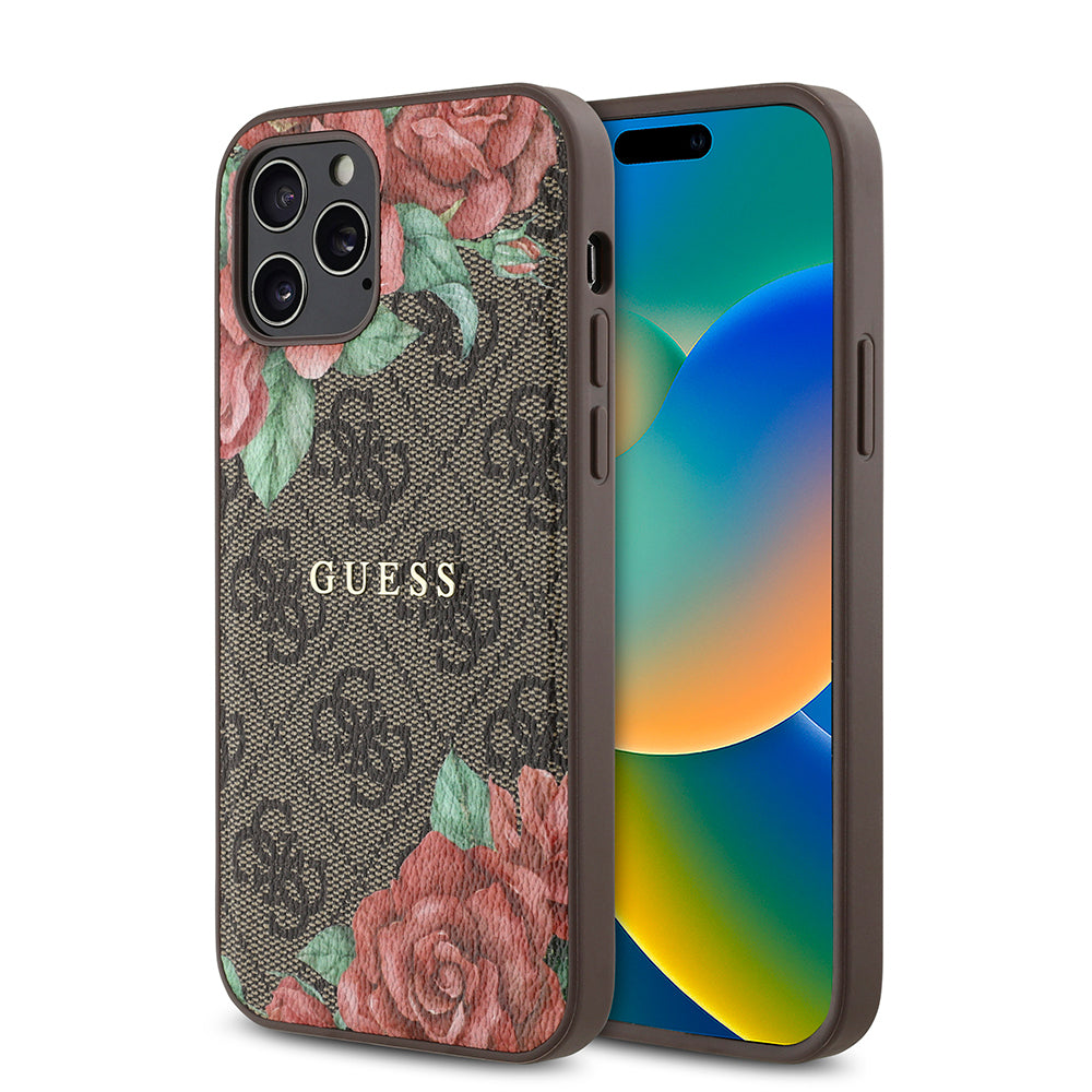 iPhone 12 Pro Kılıf Guess Orijinal Lisanslı M-safe Şarj Özellikli Gül Baskılı 4G Desenli Yazı Logolu Kılıf