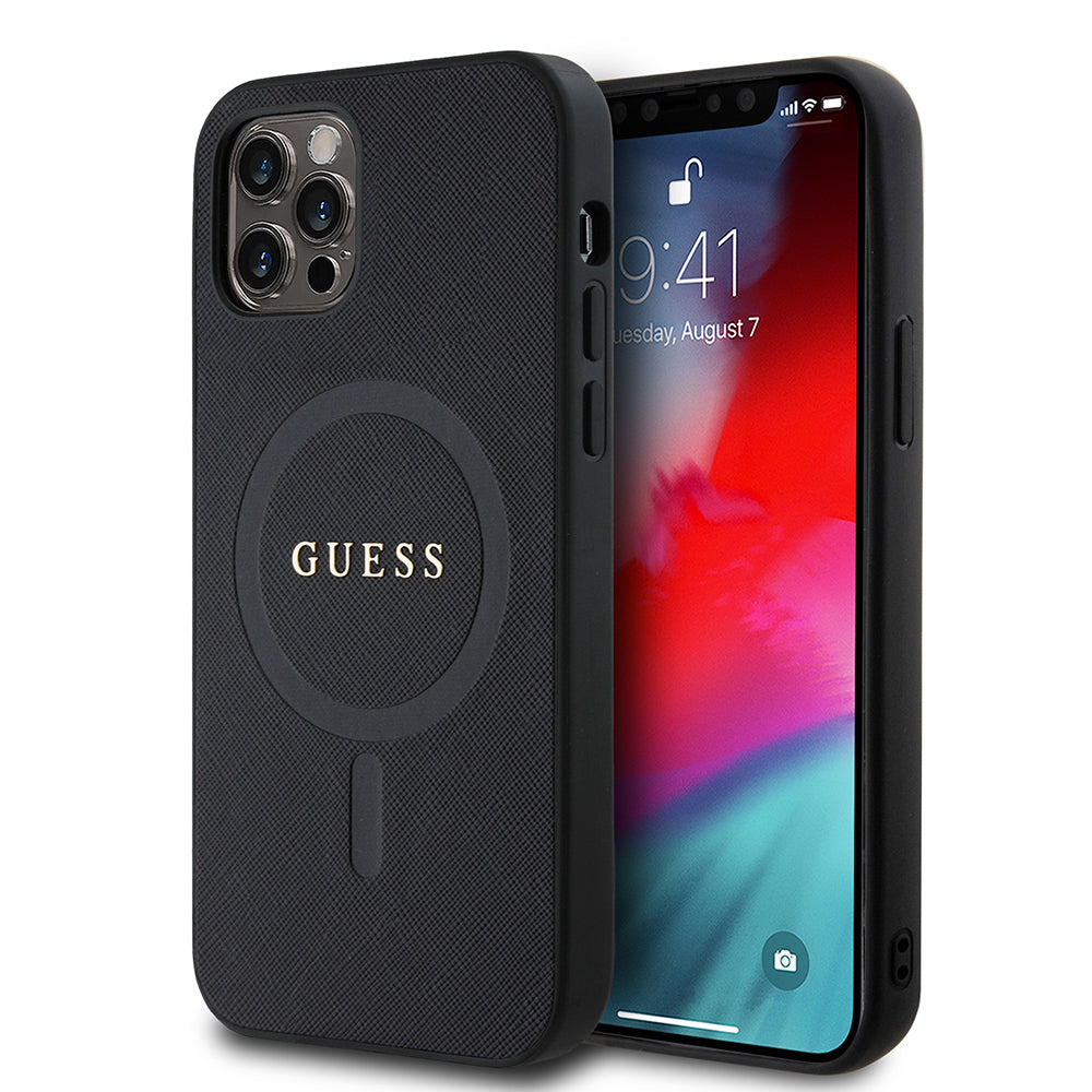 iPhone 12 Pro Kılıf Guess Orijinal Lisanslı M-safe Şarj Özellikli Yazı Logolu Saffiano Classic Kılıf