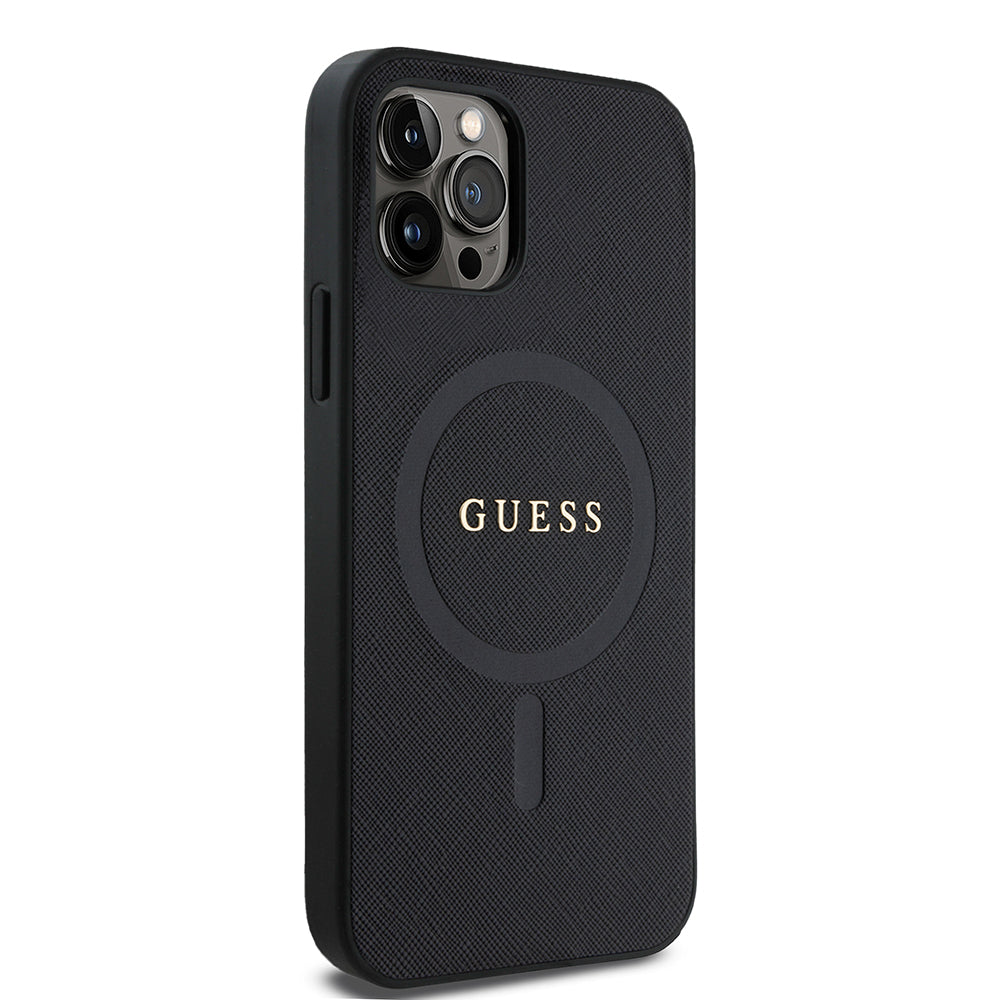 iPhone 12 Pro Kılıf Guess Orijinal Lisanslı M-safe Şarj Özellikli Yazı Logolu Saffiano Classic Kılıf