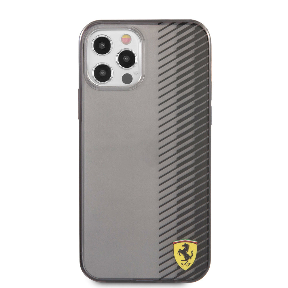 iPhone 12 Pro Max Kılıf Ferrari Orijinal Lisanlı Klasik Metal Logolu Transparan Çizgi Desenli Gradient Kılıf