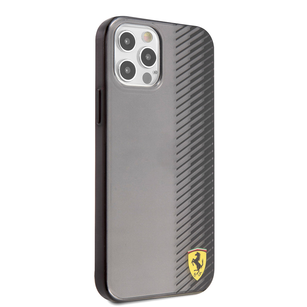 iPhone 12 Pro Max Kılıf Ferrari Orijinal Lisanlı Klasik Metal Logolu Transparan Çizgi Desenli Gradient Kılıf