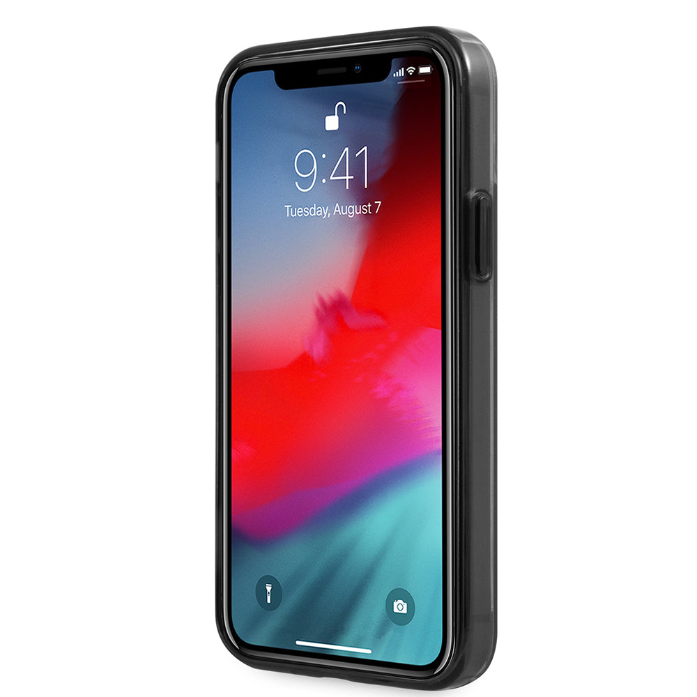 iPhone 12 Pro Max Kılıf Ferrari Orijinal Lisanlı Klasik Metal Logolu Transparan Çizgi Desenli Gradient Kılıf