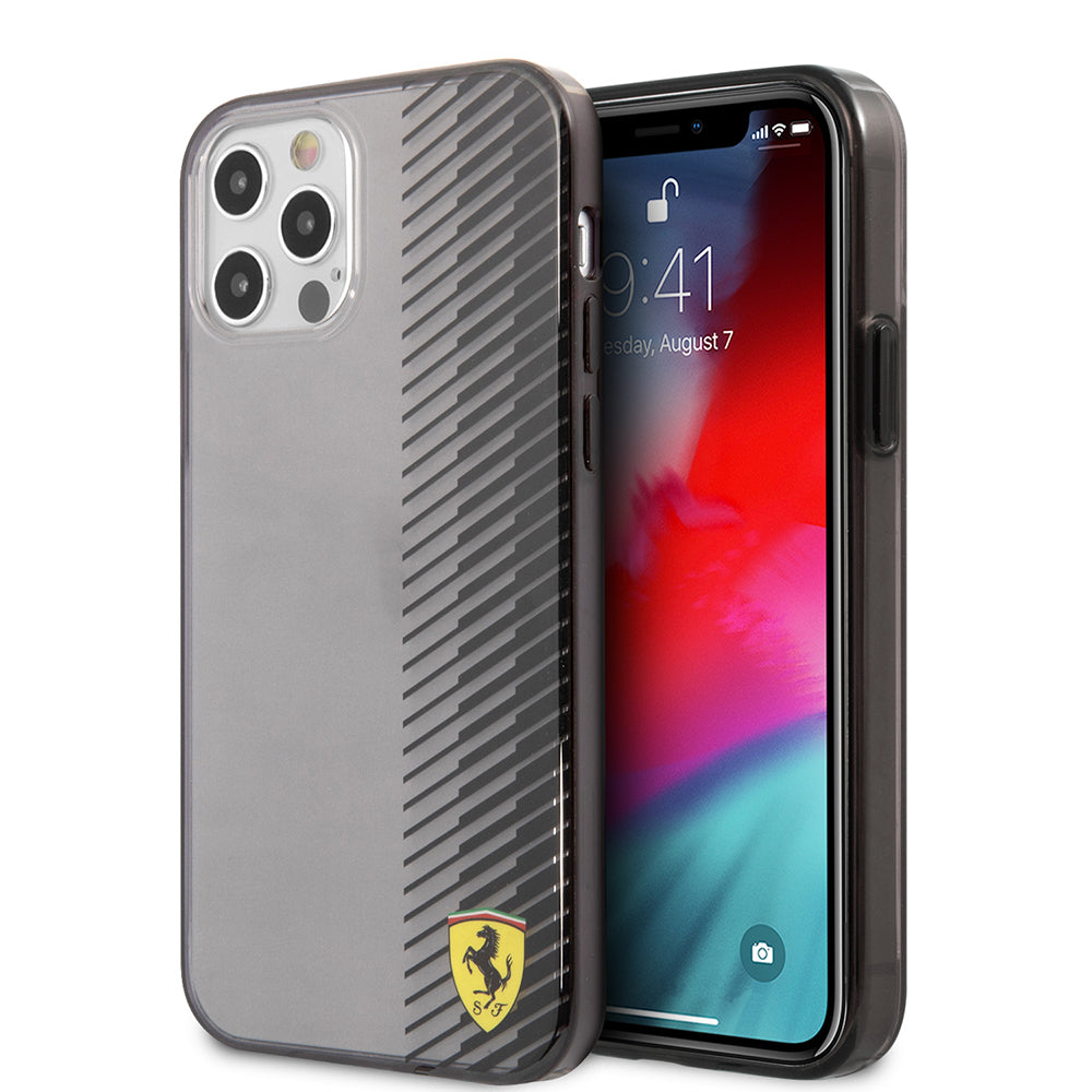 iPhone 12 Pro Max Kılıf Ferrari Orijinal Lisanlı Klasik Metal Logolu Transparan Çizgi Desenli Gradient Kılıf