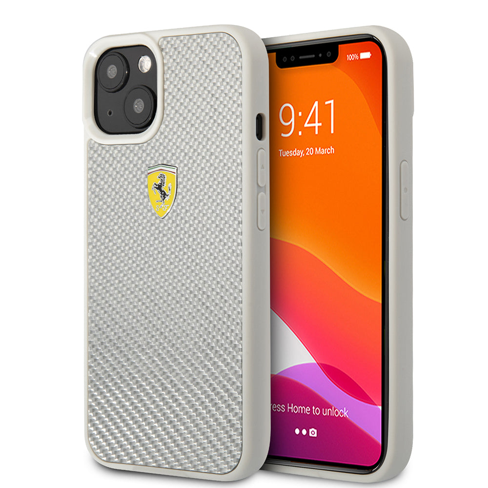 iPhone 13 Kılıf Ferrari Orijinal Lisanlı Klasik Metal Logolu Karbon Dizayn Kılıf