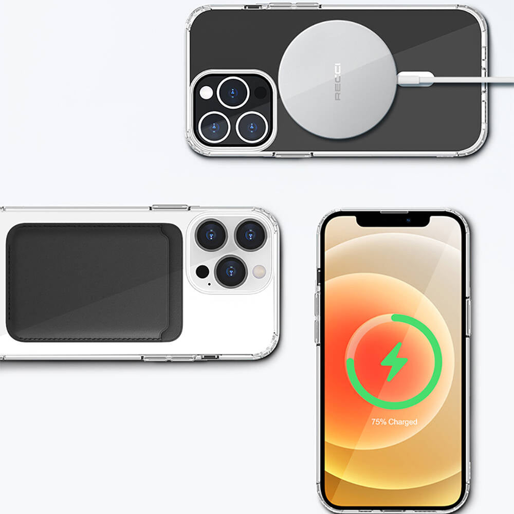 iPhone 13 Kılıf M-safe Şarj Özellikli Airbagli Şeffaf PC Arka Yüzey Recci Magnetik Suction Serisi Kılıf