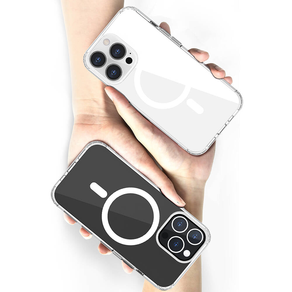 iPhone 13 Kılıf M-safe Şarj Özellikli Airbagli Şeffaf PC Arka Yüzey Recci Magnetik Suction Serisi Kılıf