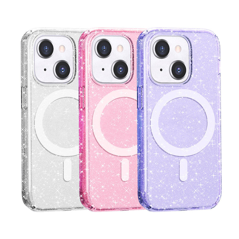 iPhone 13 Kılıf M-safe Şarj Özellikli Parlayan Simli Saydam Renkli Zore Allstar Kılıf