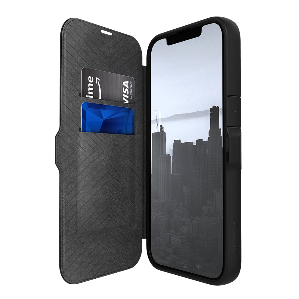 iPhone 13 Kılıf Vegan Deri Tasarımlı Şeffaf Arka Yüzey Kartlıklı Raptic Urban Folio Serisi Kılıf