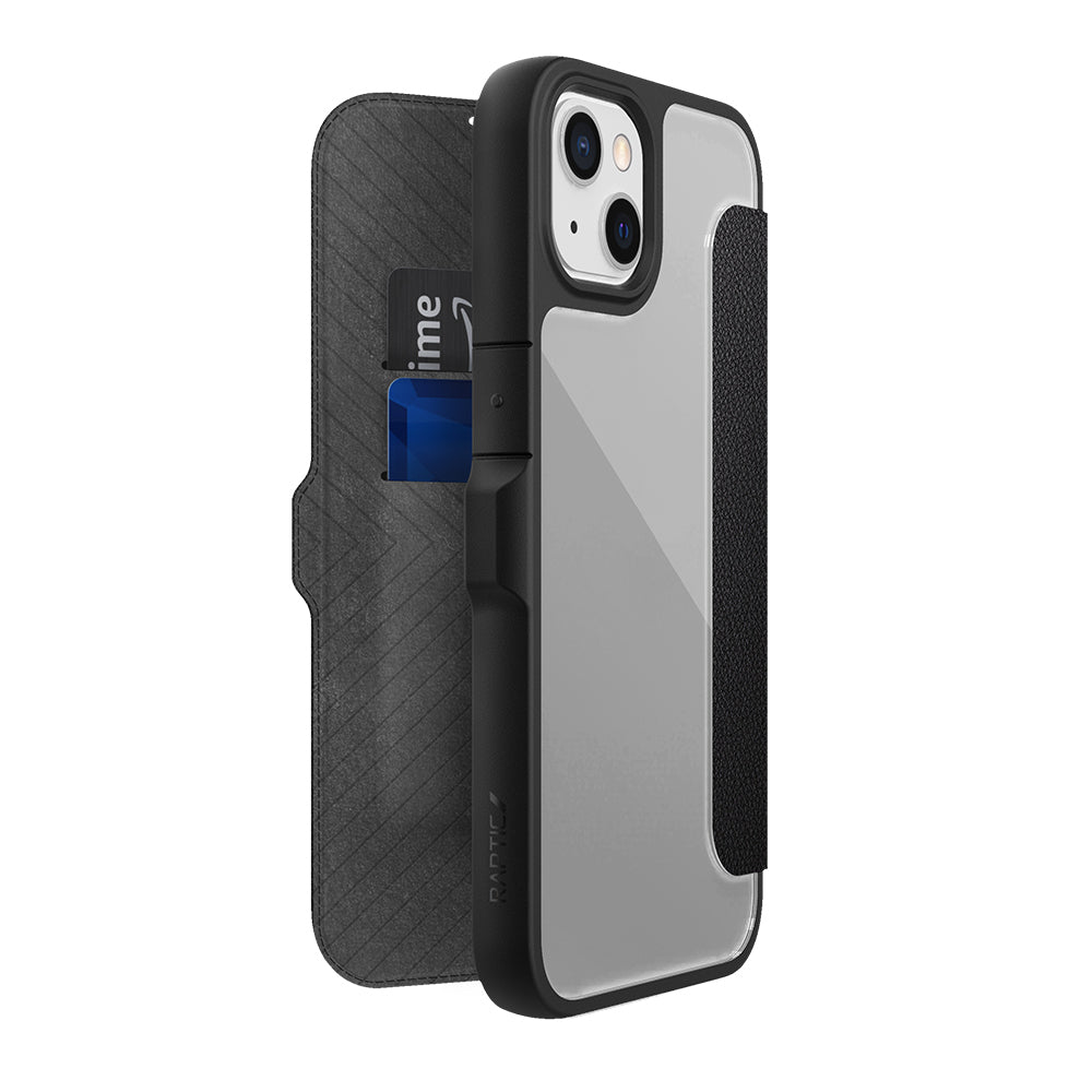 iPhone 13 Kılıf Vegan Deri Tasarımlı Şeffaf Arka Yüzey Kartlıklı Raptic Urban Folio Serisi Kılıf