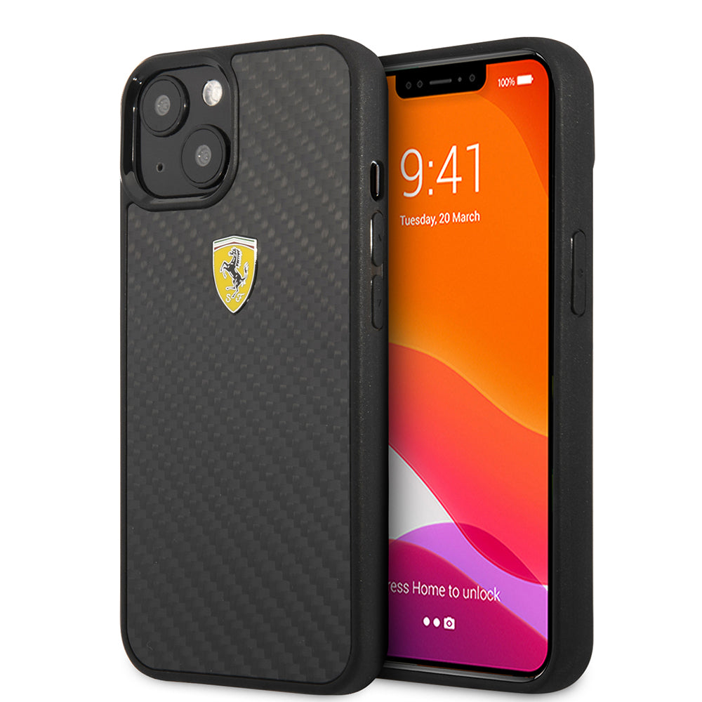 iPhone 13 Mini Kılıf Ferrari Orijinal Lisanlı Klasik Metal Logolu Karbon Dizayn Kılıf