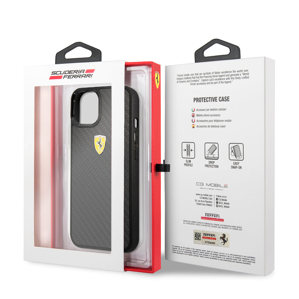 iPhone 13 Mini Kılıf Ferrari Orijinal Lisanlı Klasik Metal Logolu Karbon Dizayn Kılıf