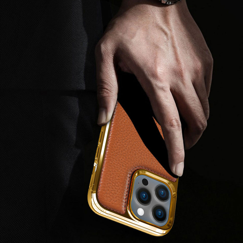 iPhone 13 Mini Kılıf Wiwu Genuine Leather Gold Calfskin orijinal Deri Kılıf
