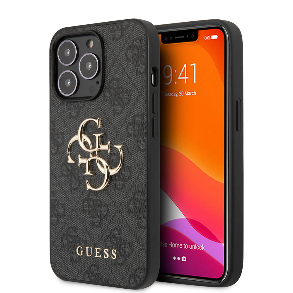 iPhone 13 Pro Kılıf Guess Orijinal Lisanslı PU Deri 4G Desenli Metal Büyük 4G ve Yazı Logolu Kılıf