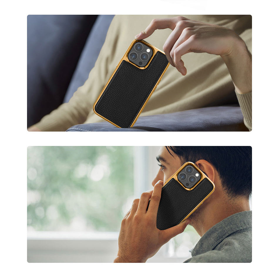 iPhone 13 Pro Kılıf Wiwu Genuine Leather Gold Calfskin Orijinal Deri Kılıf