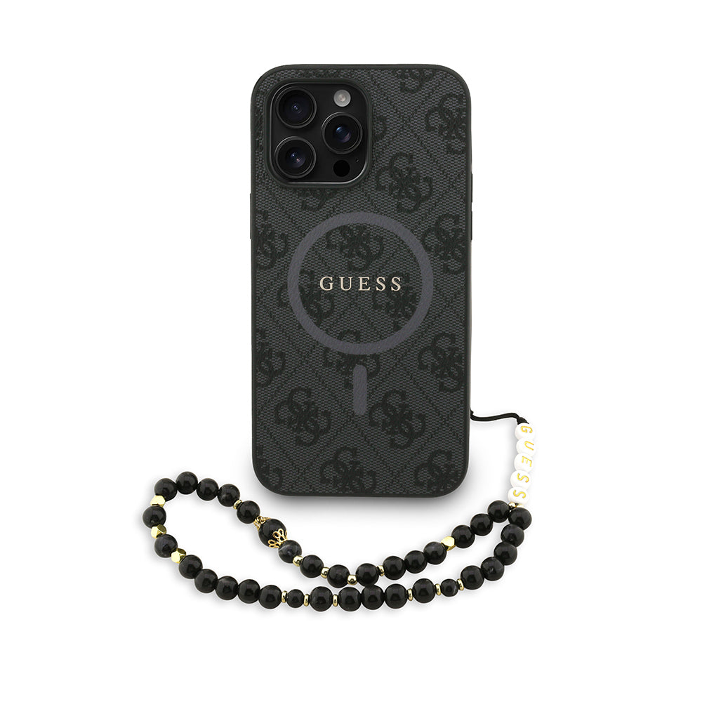 iPhone 13 Pro Max Kılıf Guess Orijinal Lisanslı M-safe Şarj Özellikli PU Deri Bilek Askı İpli Yazı Logolu Kılıf