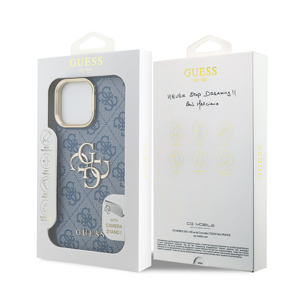 iPhone 13 Pro Max Kılıf Guess Orijinal Lisanslı PU Deri 4G Desenli Metal Büyük 4G ve Yazı Logolu Kamera Standlı Kılıf